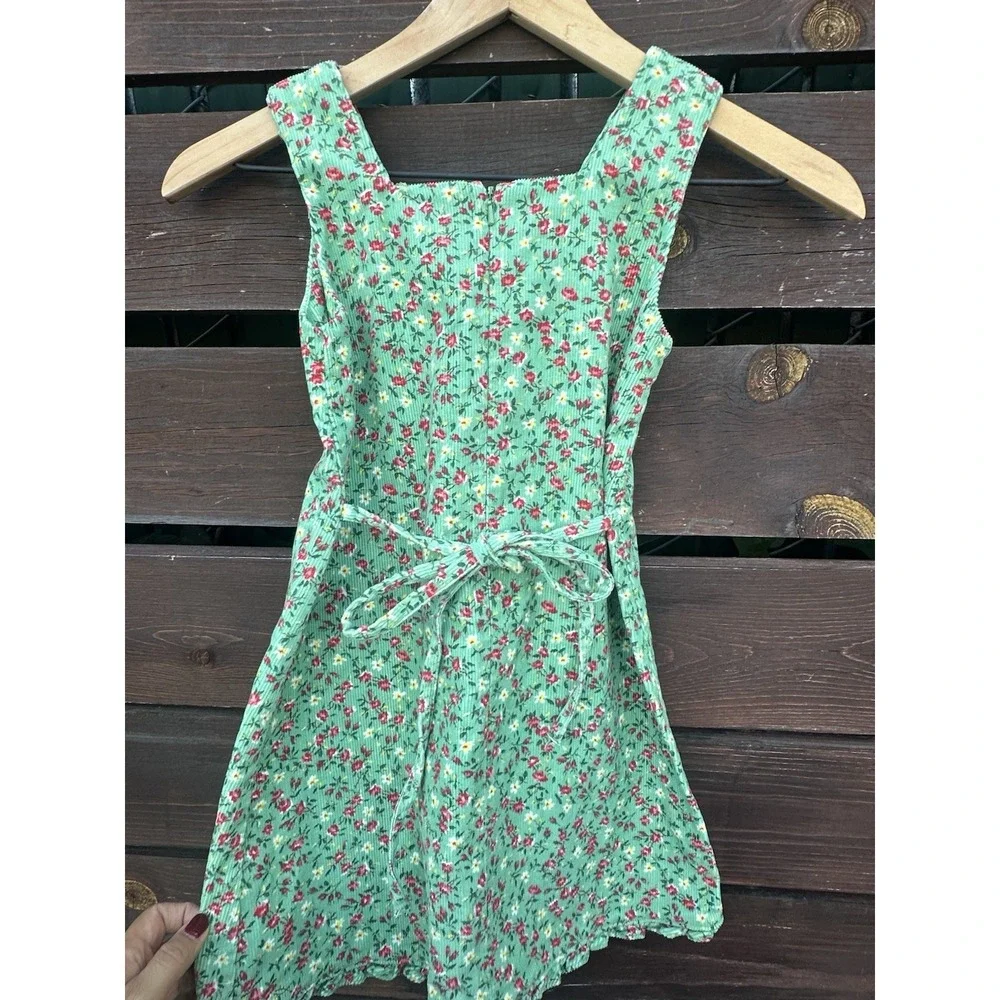 Vtg Y2K Girls Ralph Lauren Green Corduroy Floral‎ Back Tie Dress Sz 6